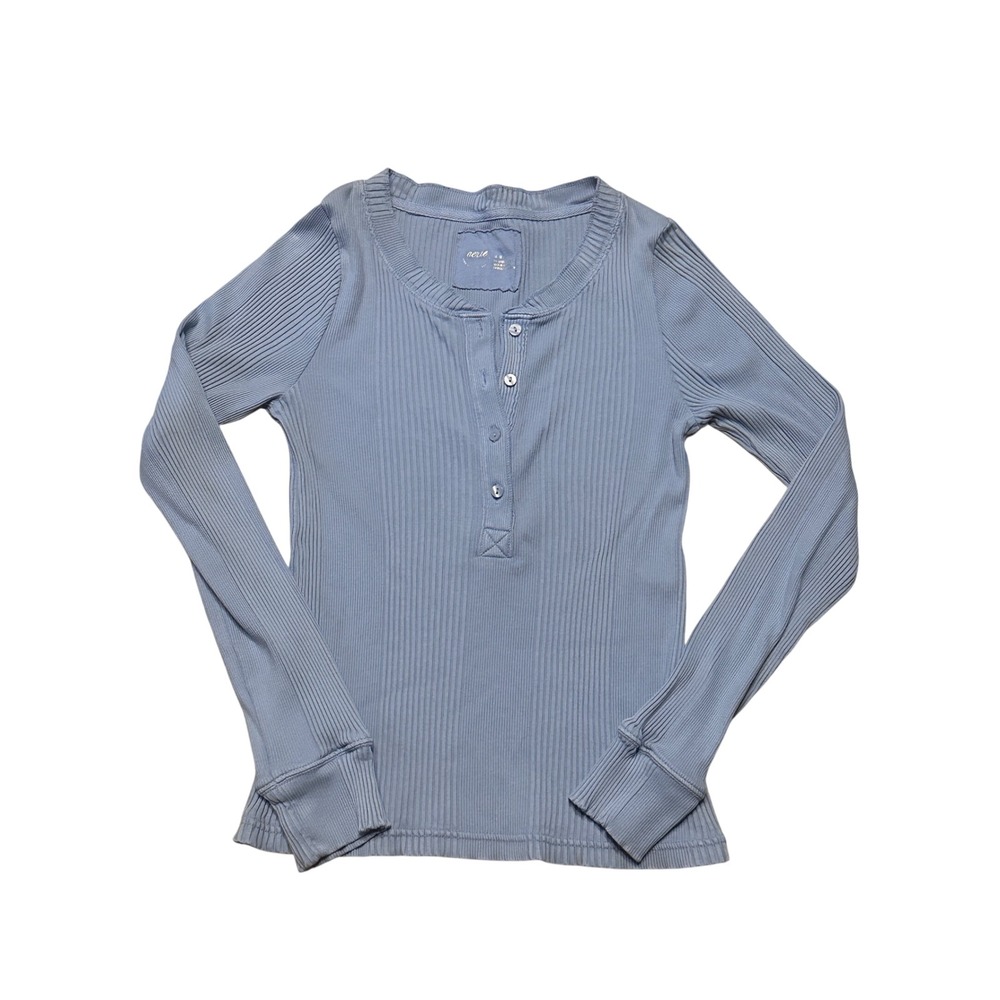 Aerie American Eagle Blue Ribbed Henley‎ Long Sleeve Top Medium